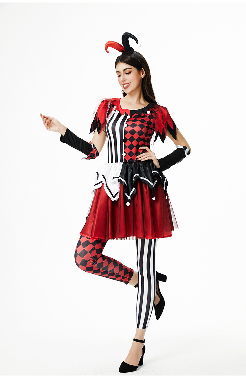 Adult Halloween Outfit Harlequin Jester Costume Red and Black Striped Dress